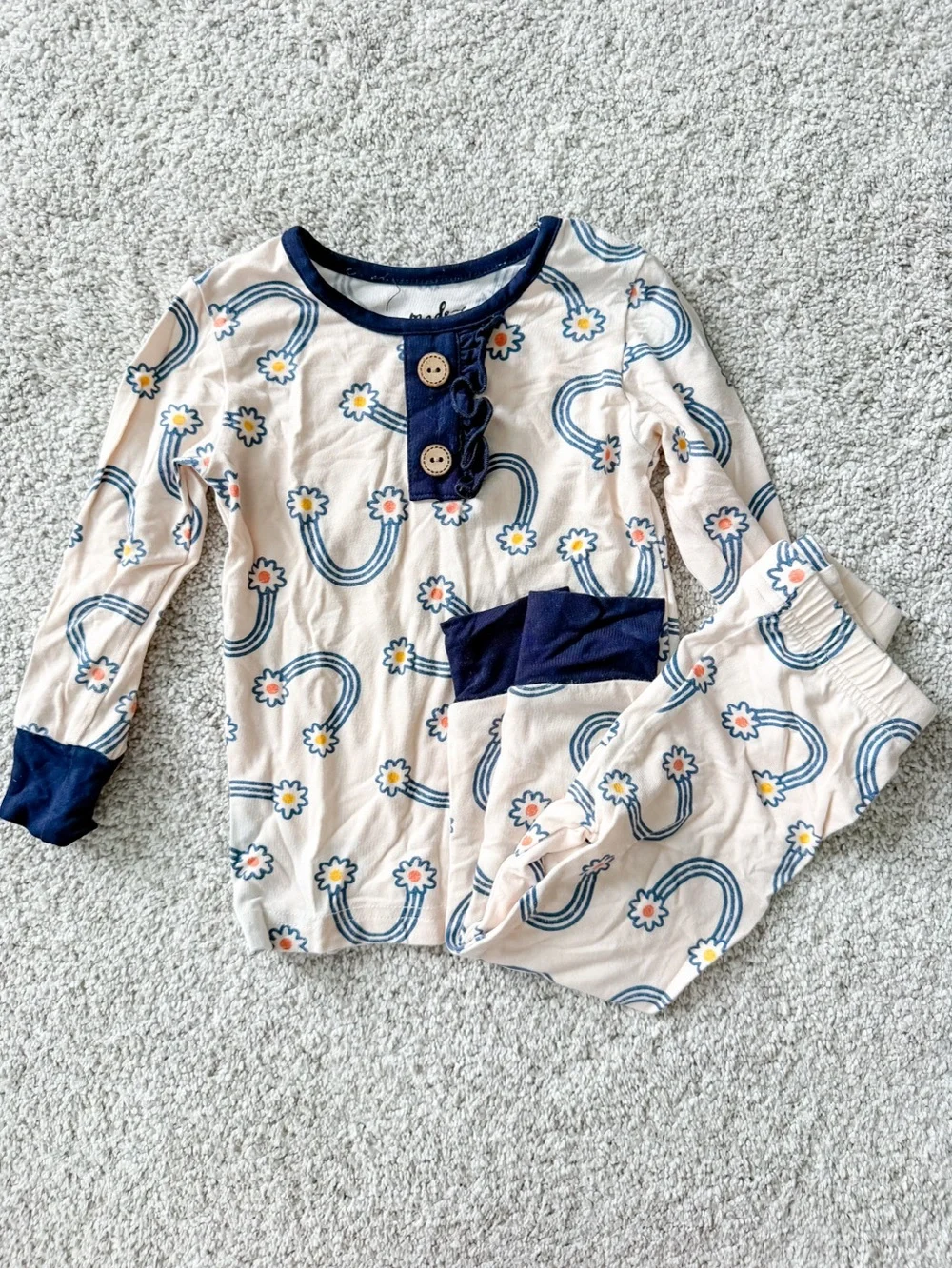 Kids Cream Floral Rainbow Long Sleeve Pajama Set with Navy Trim 6-12mo